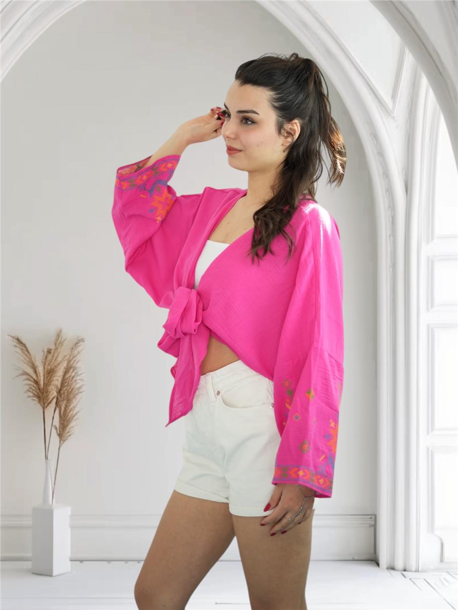 Pembe Nakışlı Bağlamalı Bluz