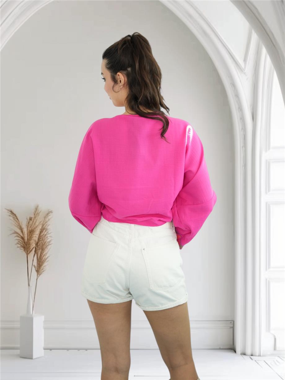 Pembe Nakışlı Bağlamalı Bluz