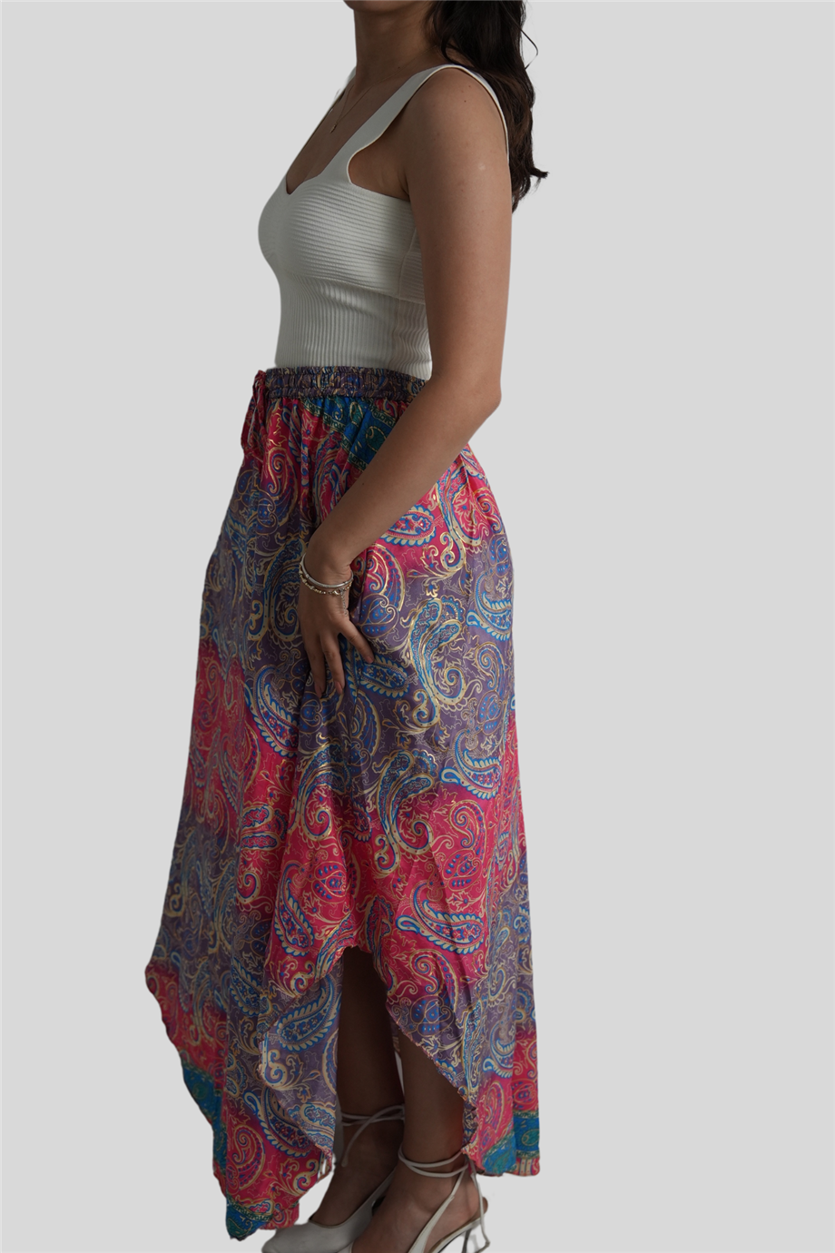 Pembe Renk Gold Detaylı İpek Uzun Etek