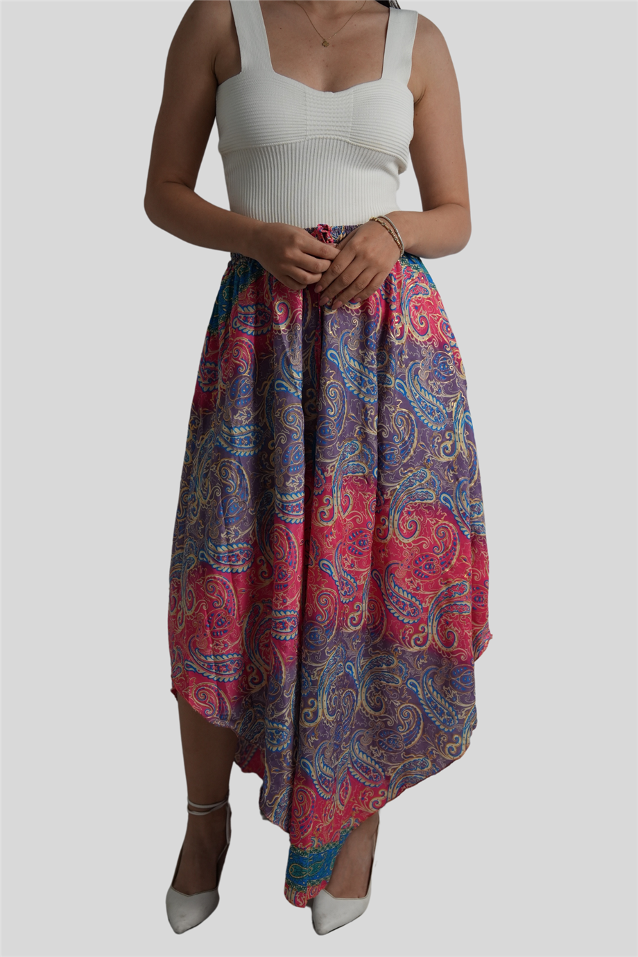 Pembe Renk Gold Detaylı İpek Uzun Etek