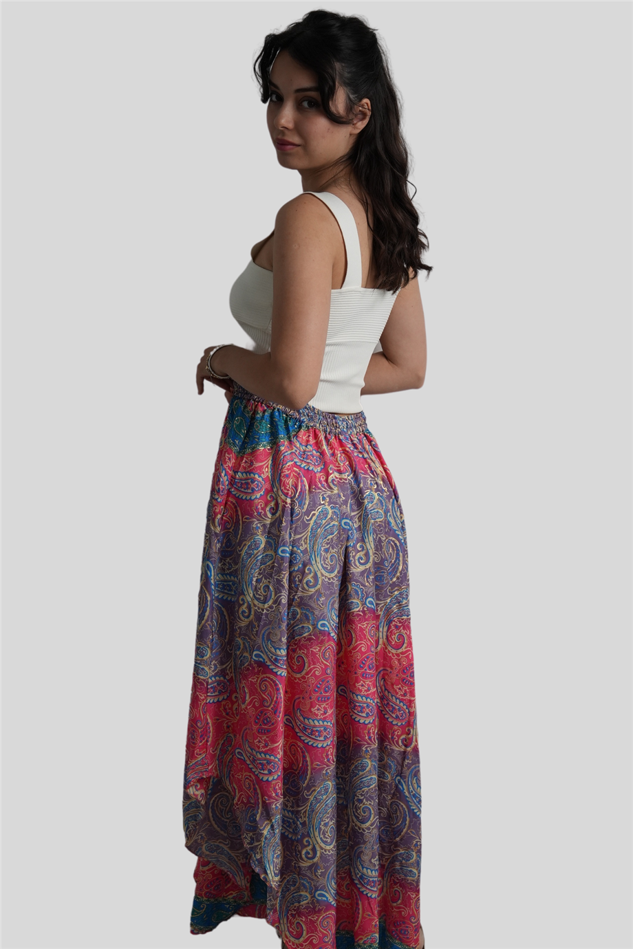 Pembe Renk Gold Detaylı İpek Uzun Etek