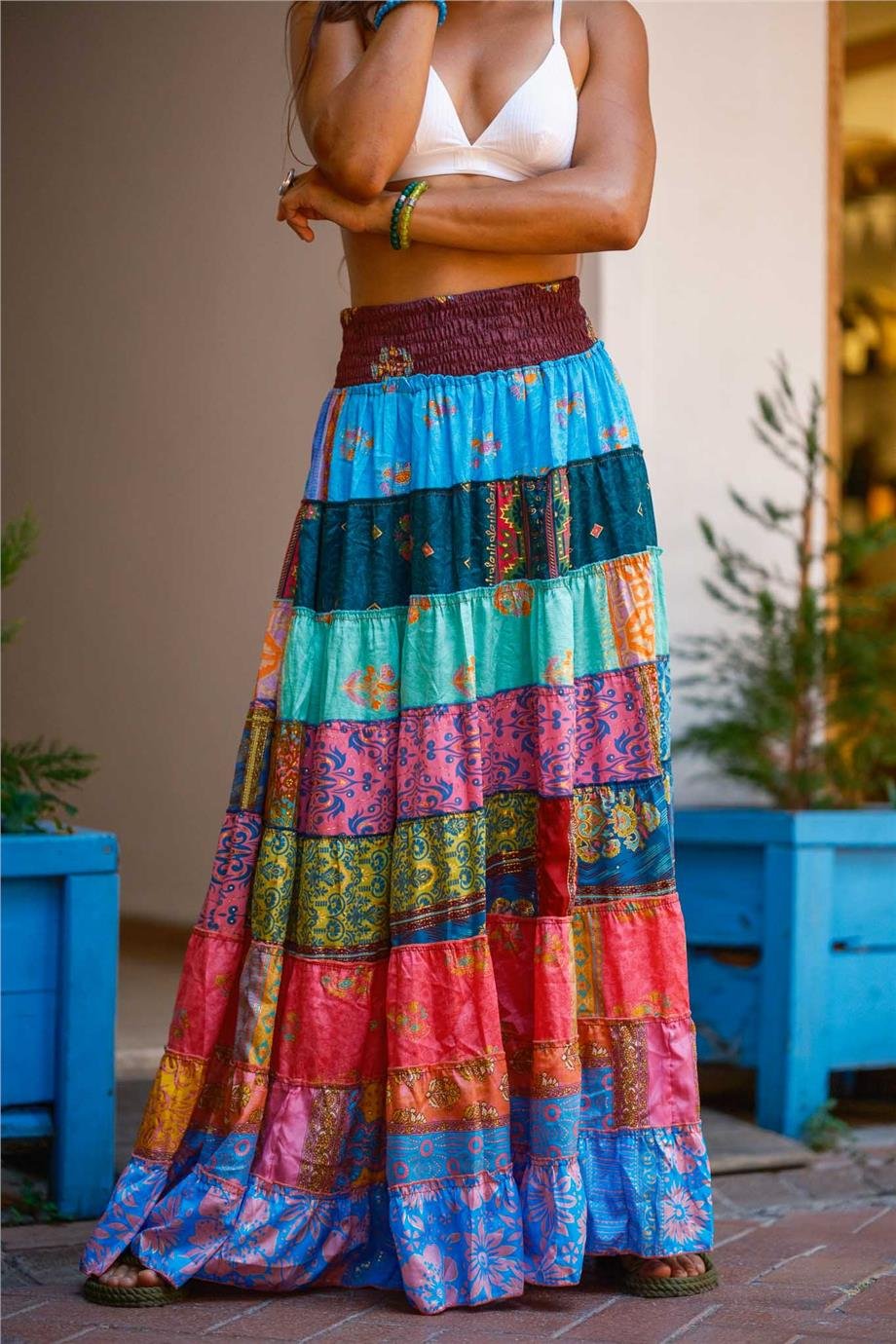 Pembe Renk İpek Patchwork Etek