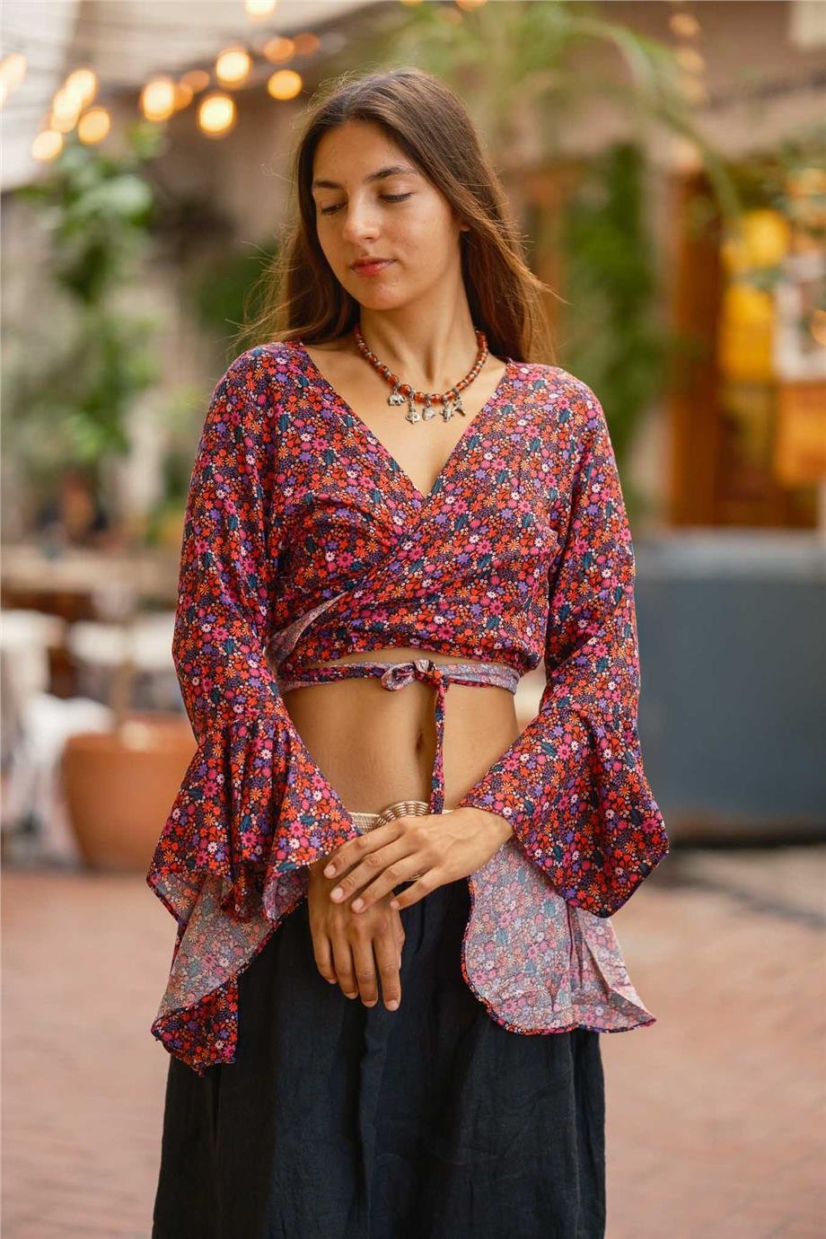 Pembe Renk İspanyol Kol Çiçek Desenli Bluz