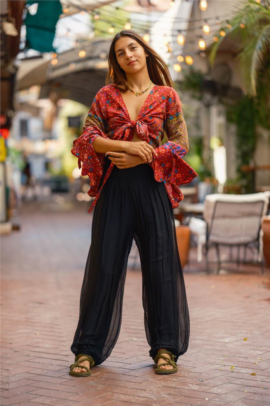 Pembe Renk İspanyol Kol Çiçek Desenli Bluz