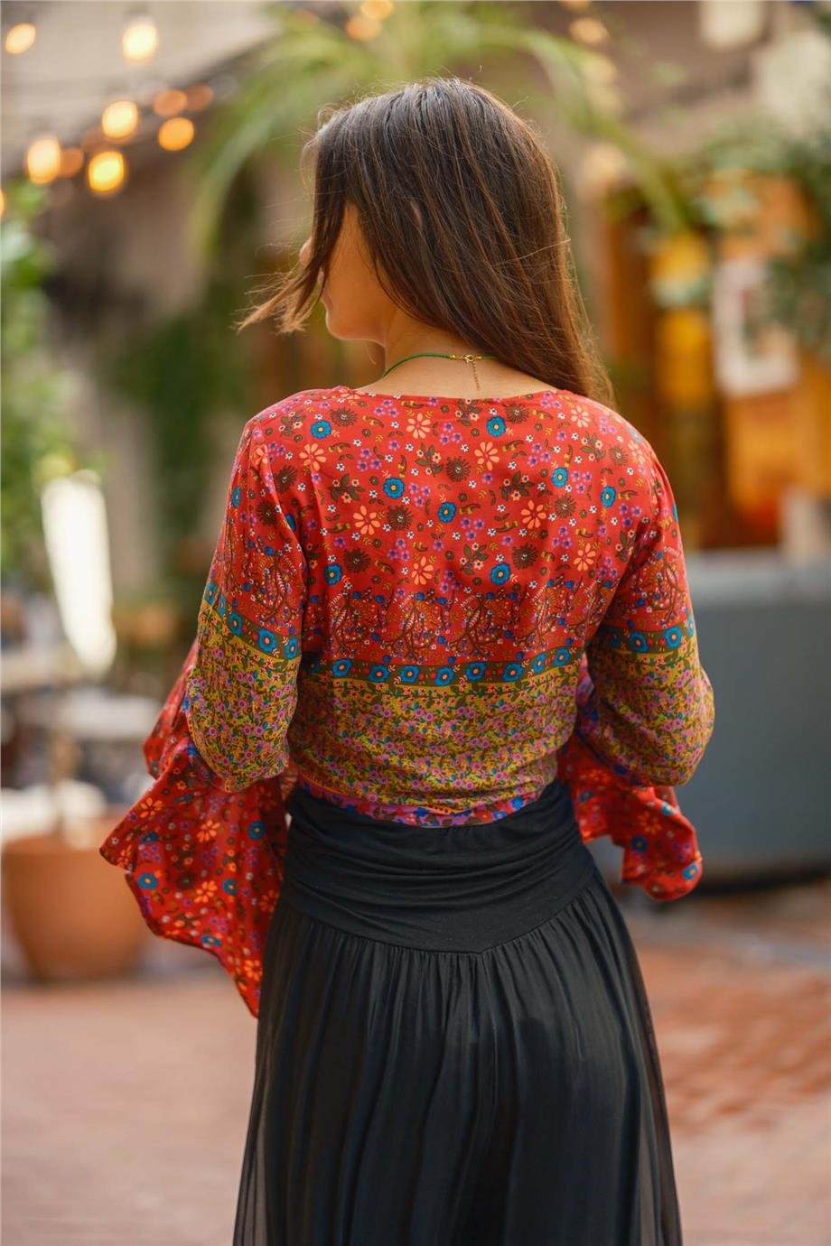 Pembe Renk İspanyol Kol Çiçek Desenli Bluz