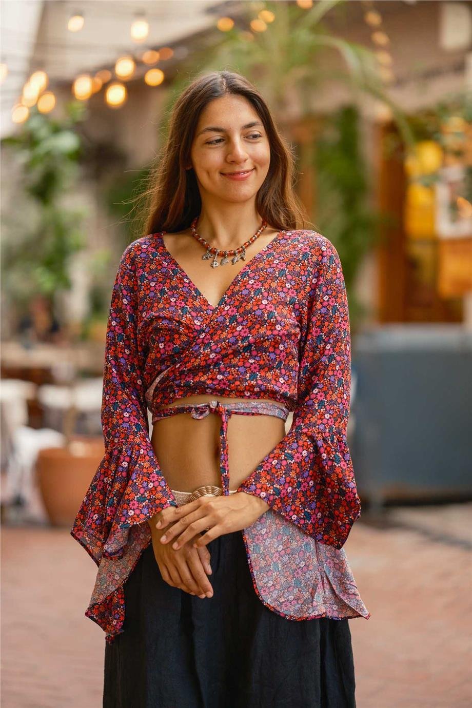 Pembe Renk İspanyol Kol Çiçek Desenli Bluz