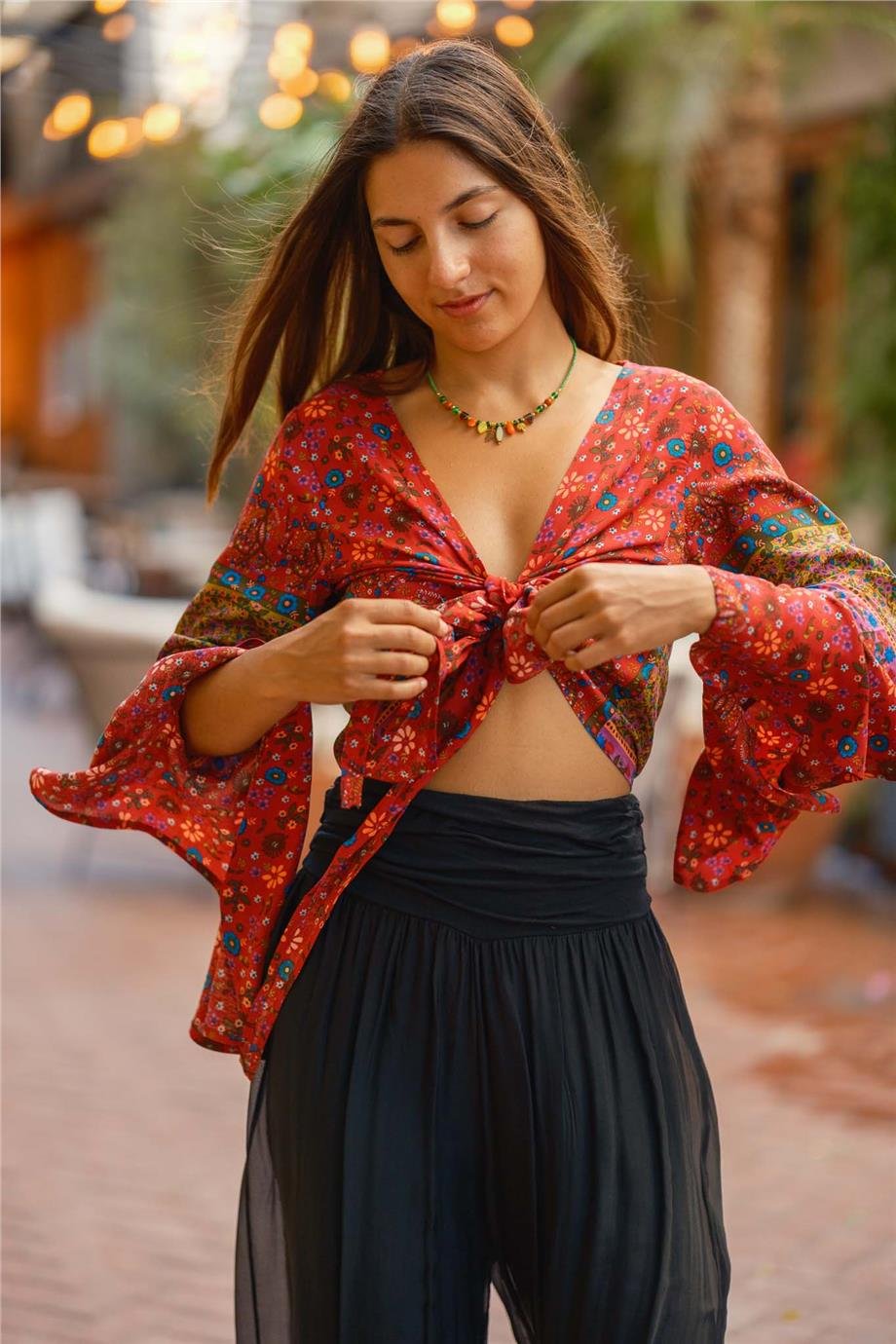 Pembe Renk İspanyol Kol Çiçek Desenli Bluz