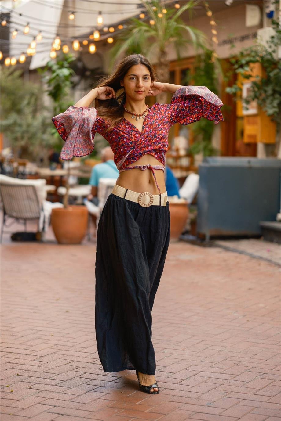 Pembe Renk İspanyol Kol Çiçek Desenli Bluz