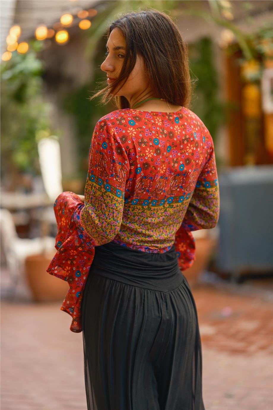 Pembe Renk İspanyol Kol Çiçek Desenli Bluz