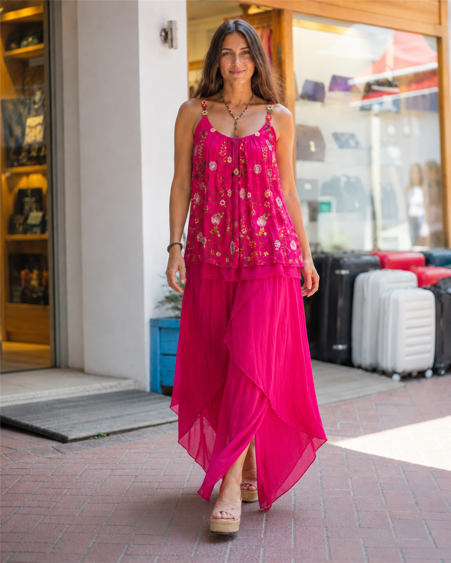 Pembe Renk İtalyan İpek Pantolon Bluz Takım