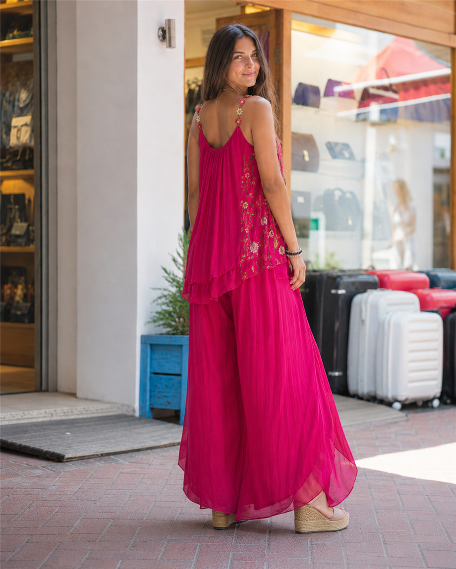 Pembe Renk İtalyan İpek Pantolon Bluz Takım