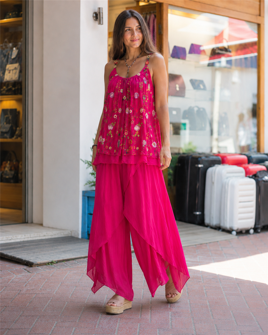 Pembe Renk İtalyan İpek Pantolon Bluz Takım