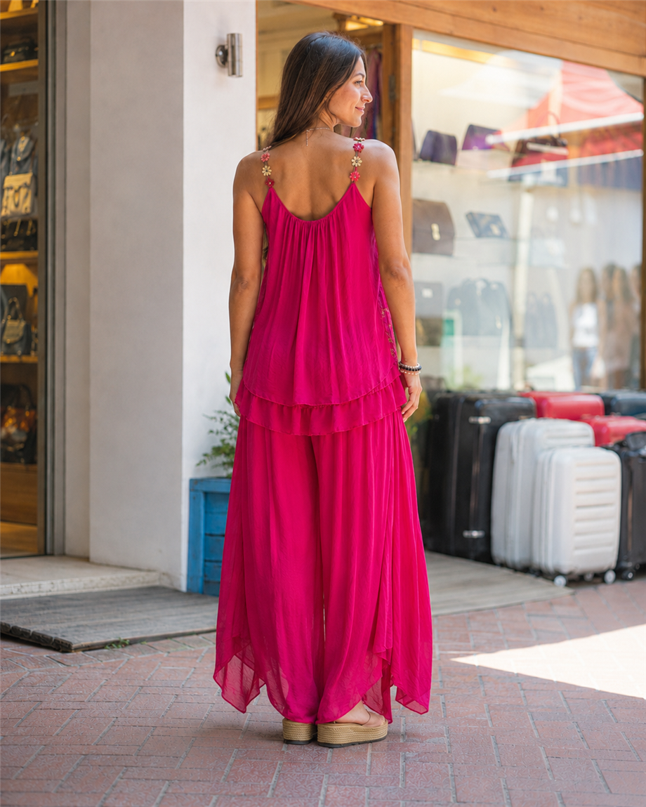 Pembe Renk İtalyan İpek Pantolon Bluz Takım