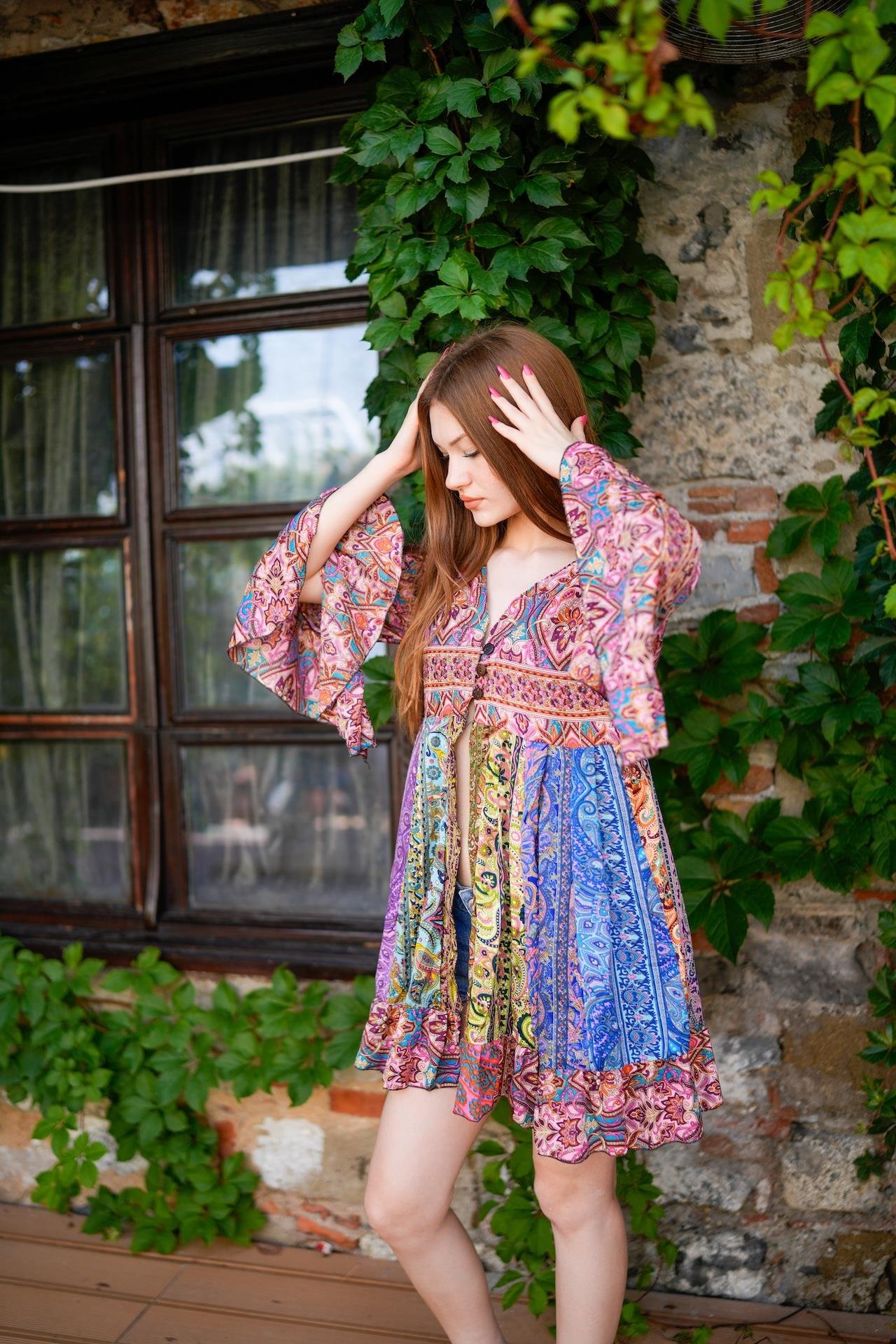 Pembe Renk İthal Özel Tasarım Üç Düğmeli Patchwork Rayon Bluz