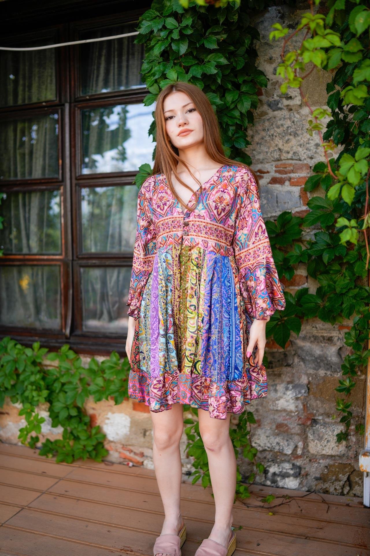 Pembe Renk İthal Özel Tasarım Üç Düğmeli Patchwork Rayon Bluz