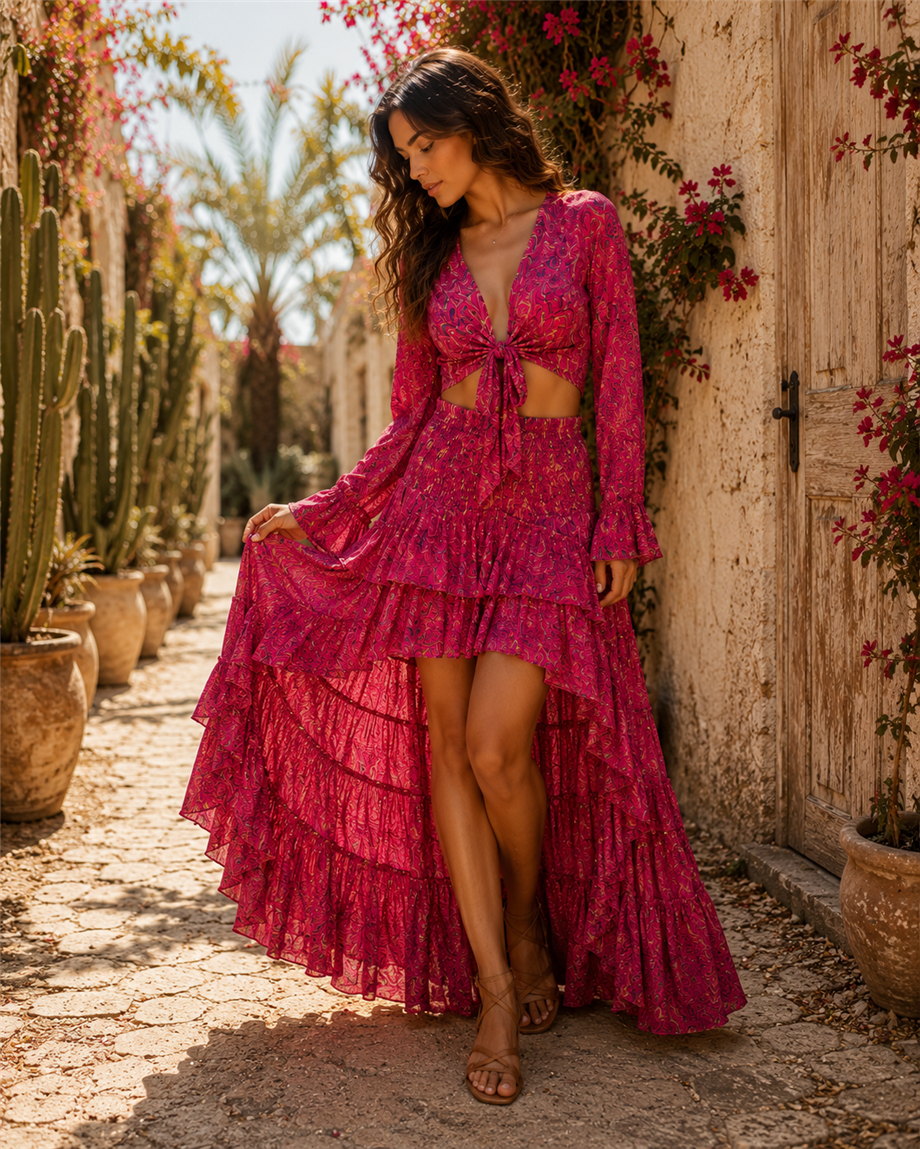 Pembe Renk Önü Kısa Arkası Uzun İpek Etek ve Bolero Takım