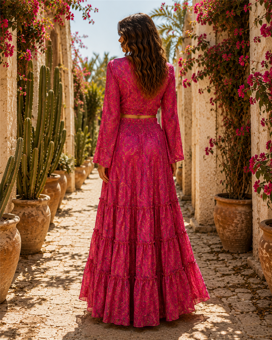 Pembe Renk Önü Kısa Arkası Uzun İpek Etek ve Bolero Takım