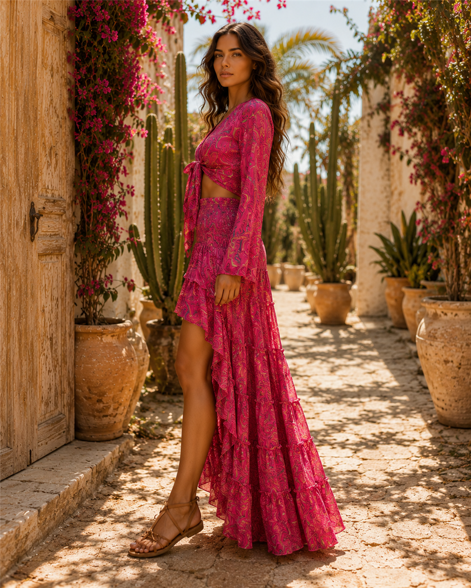 Pembe Renk Önü Kısa Arkası Uzun İpek Etek ve Bolero Takım