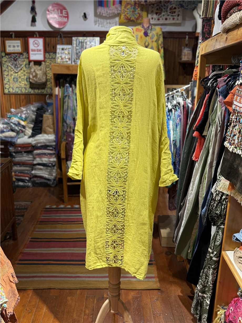 Sarı Renk Bohem Sırtı Dantel Detaylı Keten Kaftan