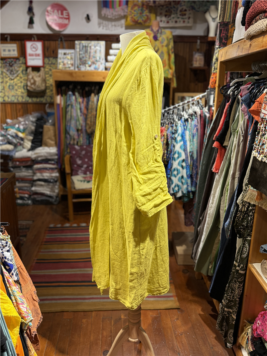 Sarı Renk Bohem Sırtı Dantel Detaylı Keten Kaftan