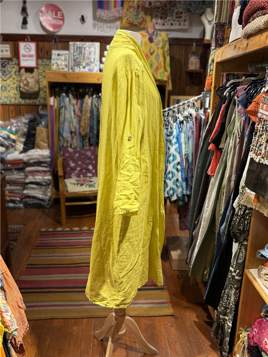 Sarı Renk Bohem Sırtı Dantel Detaylı Keten Kaftan