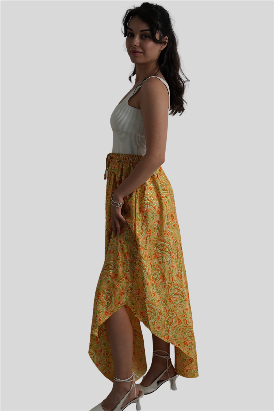 Sarı Renk Gold Detaylı Etek Bluz Takım