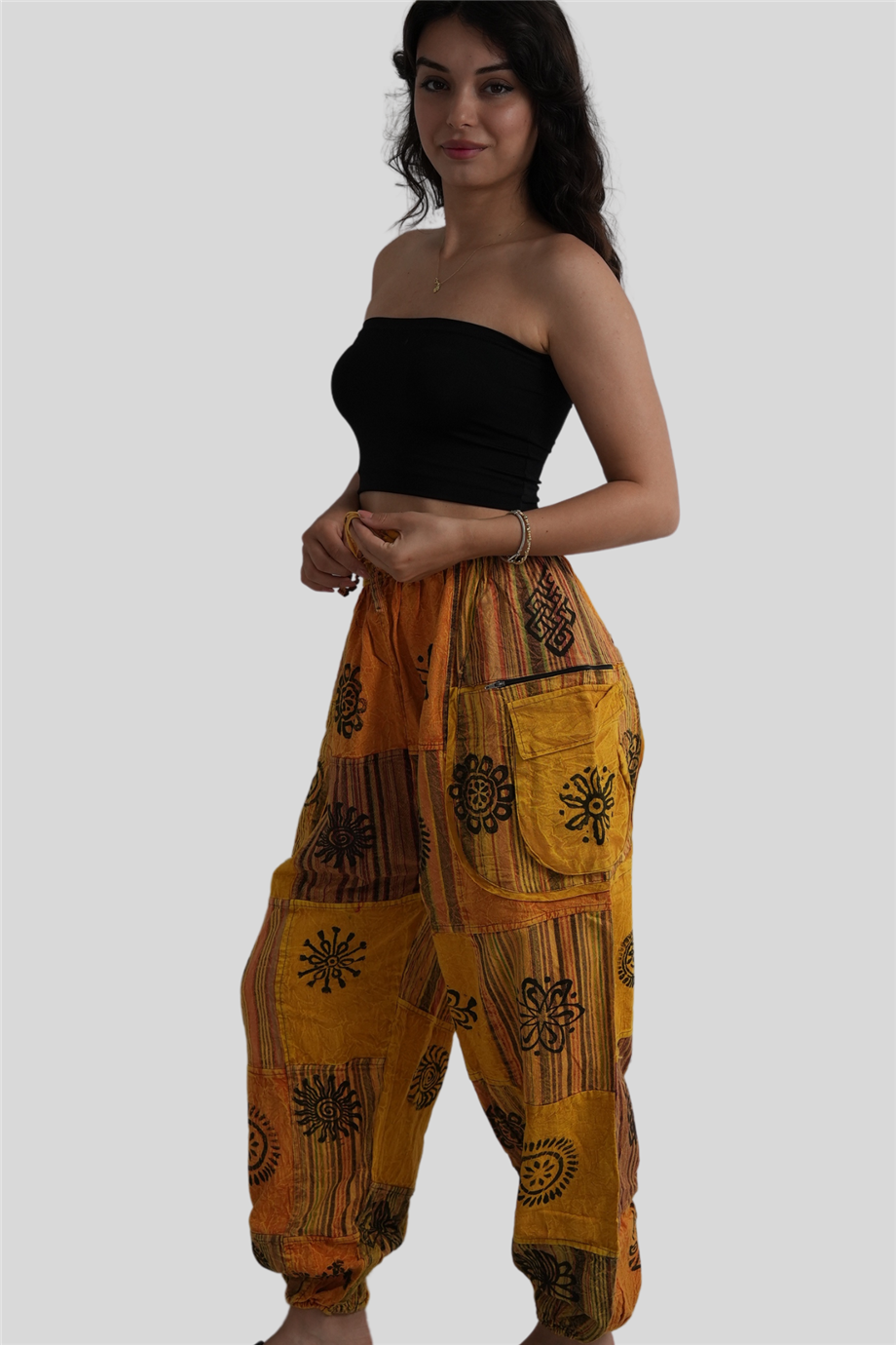 Sarı Unisex Bohem Nepal Cepli Fermuar Detaylı Pantolon