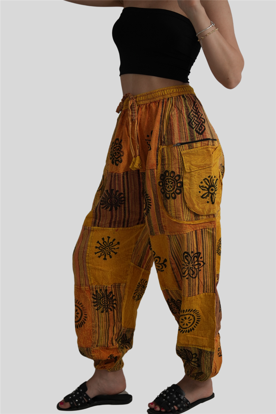 Sarı Unisex Bohem Nepal Cepli Fermuar Detaylı Pantolon