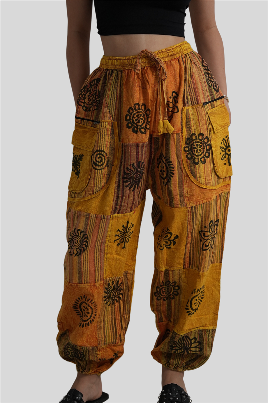 Sarı Unisex Bohem Nepal Cepli Fermuar Detaylı Pantolon