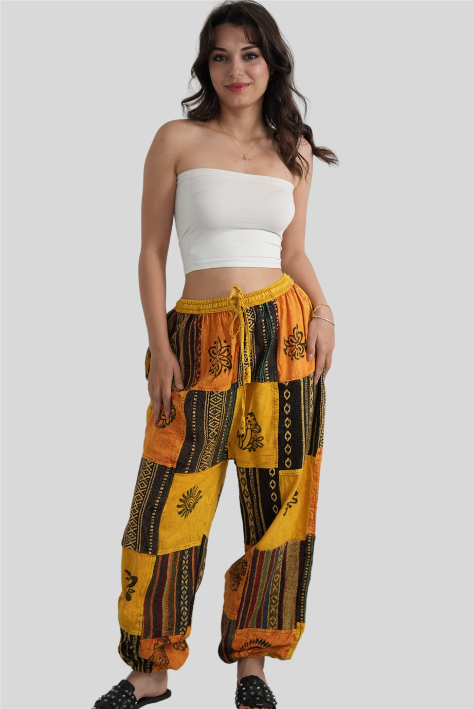 Sarı Unisex Kilim İşlemeli Bohem Nepal Patchwork Pantolon