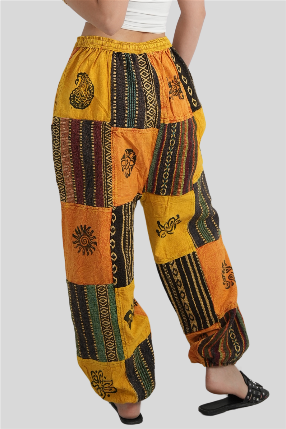 Sarı Unisex Kilim İşlemeli Bohem Nepal Patchwork Pantolon