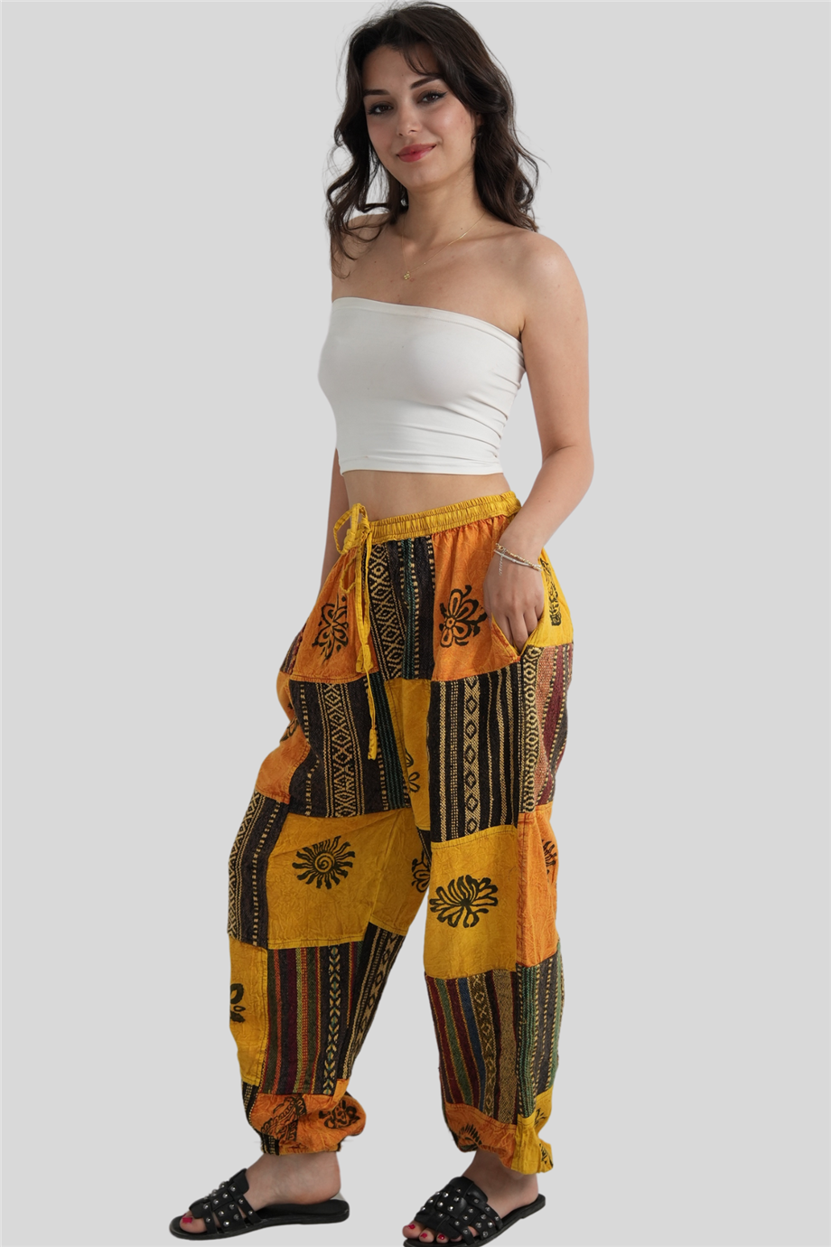 Sarı Unisex Kilim İşlemeli Bohem Nepal Patchwork Pantolon