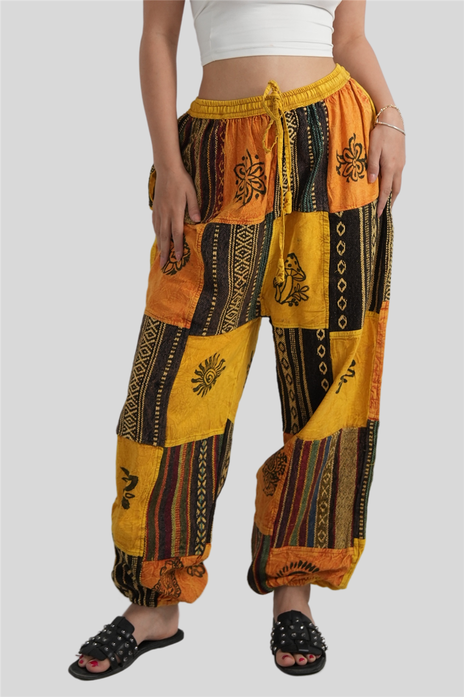 Sarı Unisex Kilim İşlemeli Bohem Nepal Patchwork Pantolon
