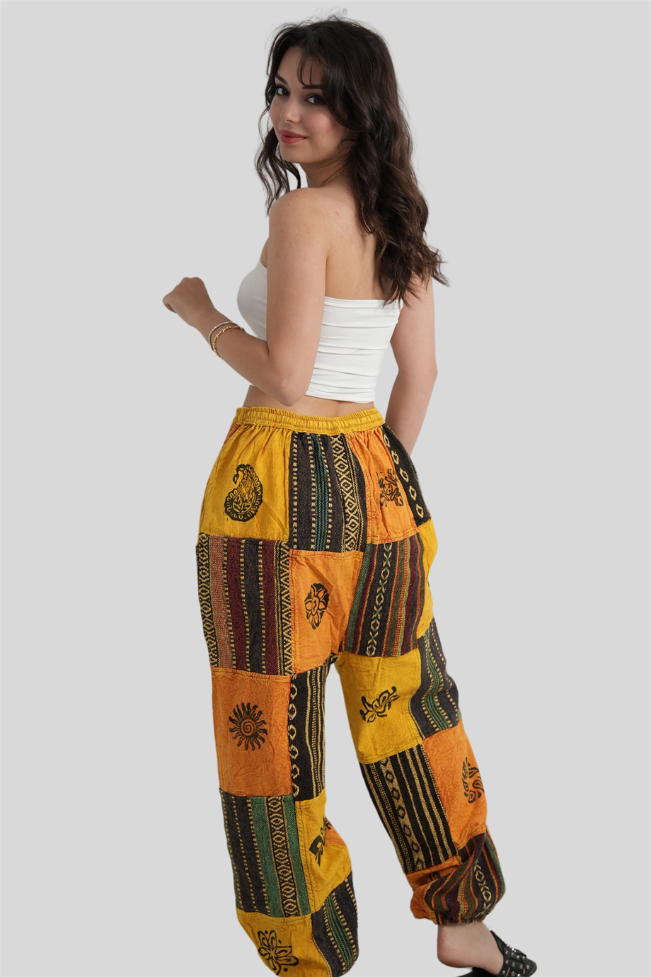 Sarı Unisex Kilim İşlemeli Bohem Nepal Patchwork Pantolon