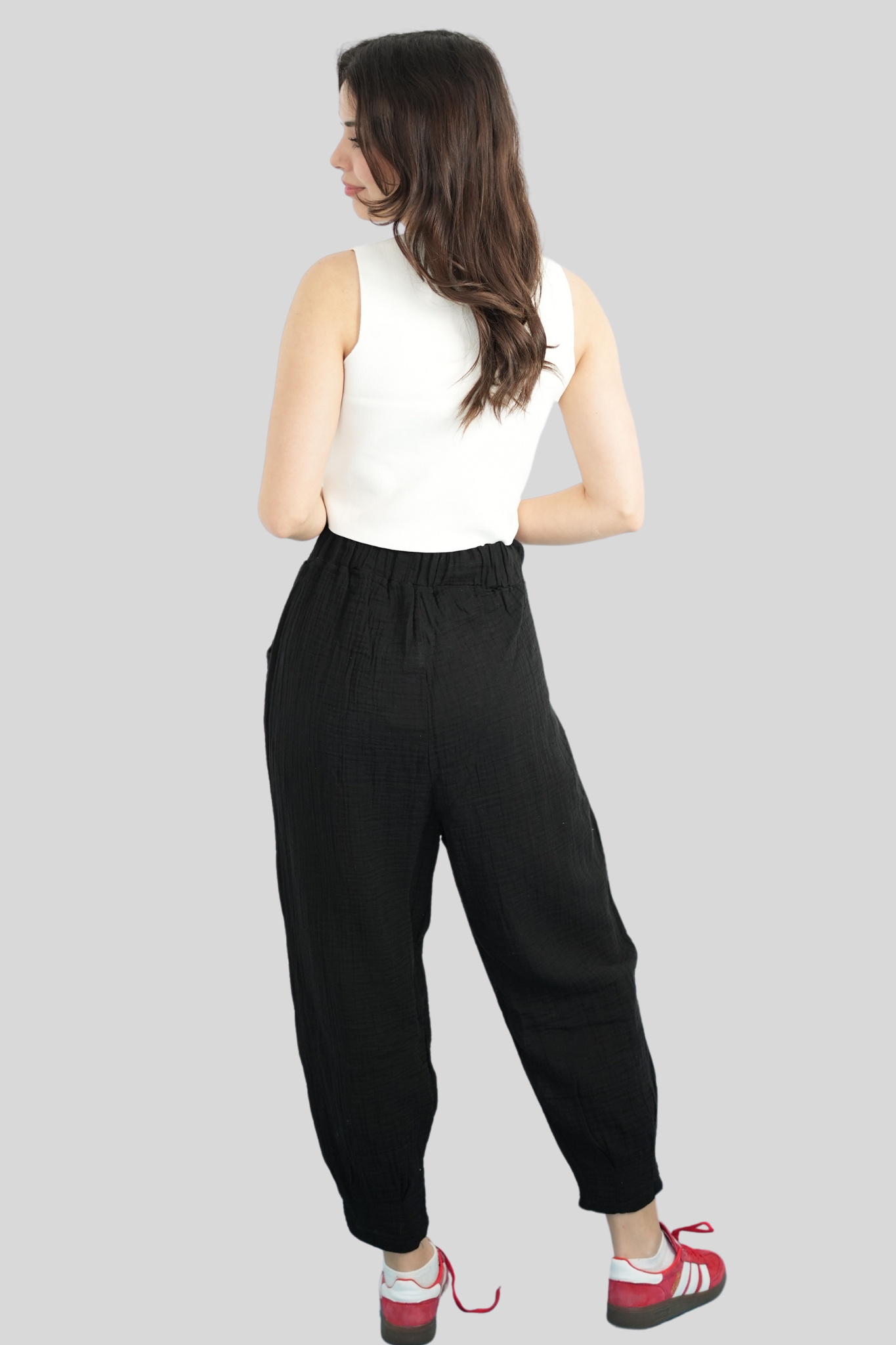 Siyah Beli Lastikli Müslin Pantolon