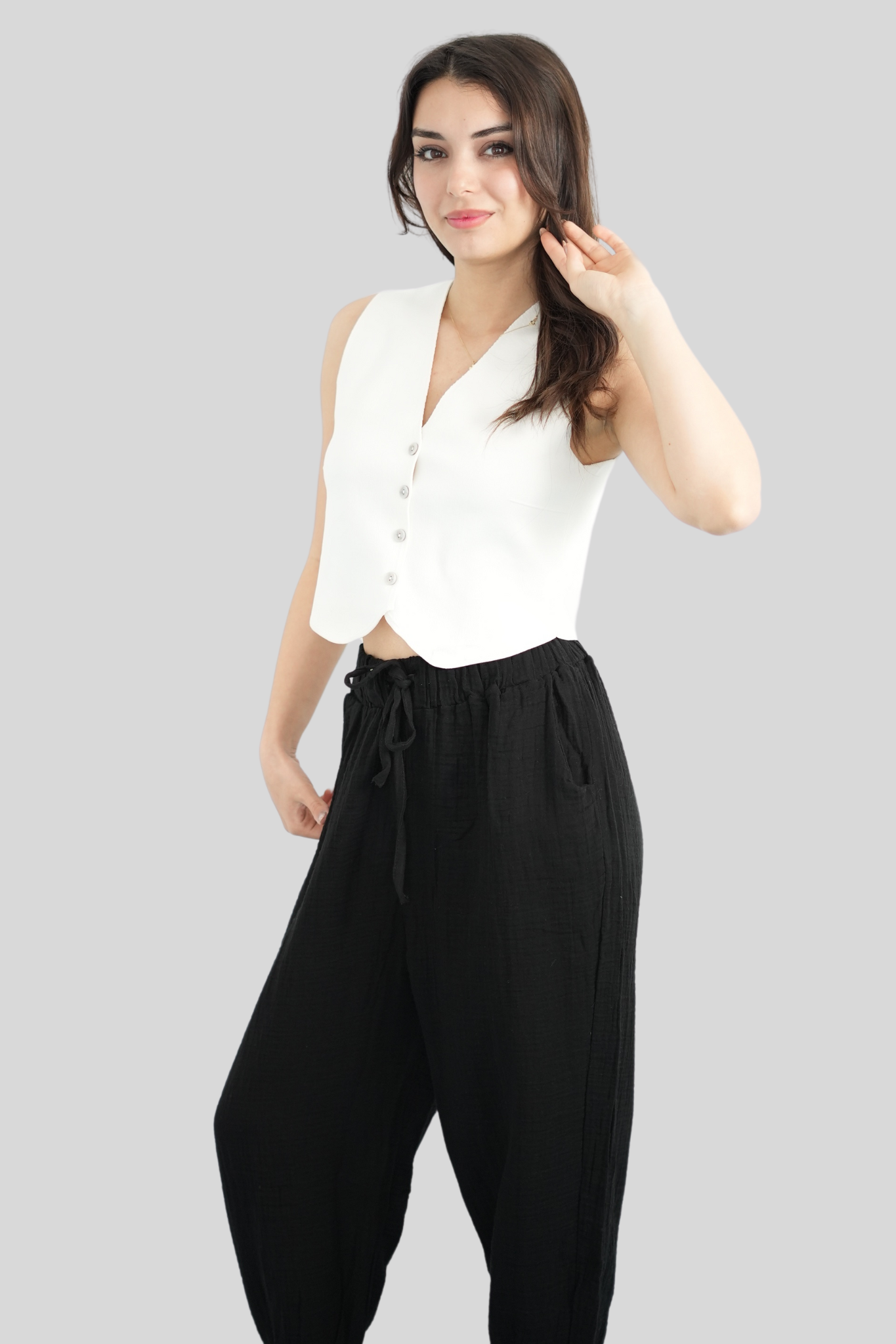 Siyah Beli Lastikli Müslin Pantolon
