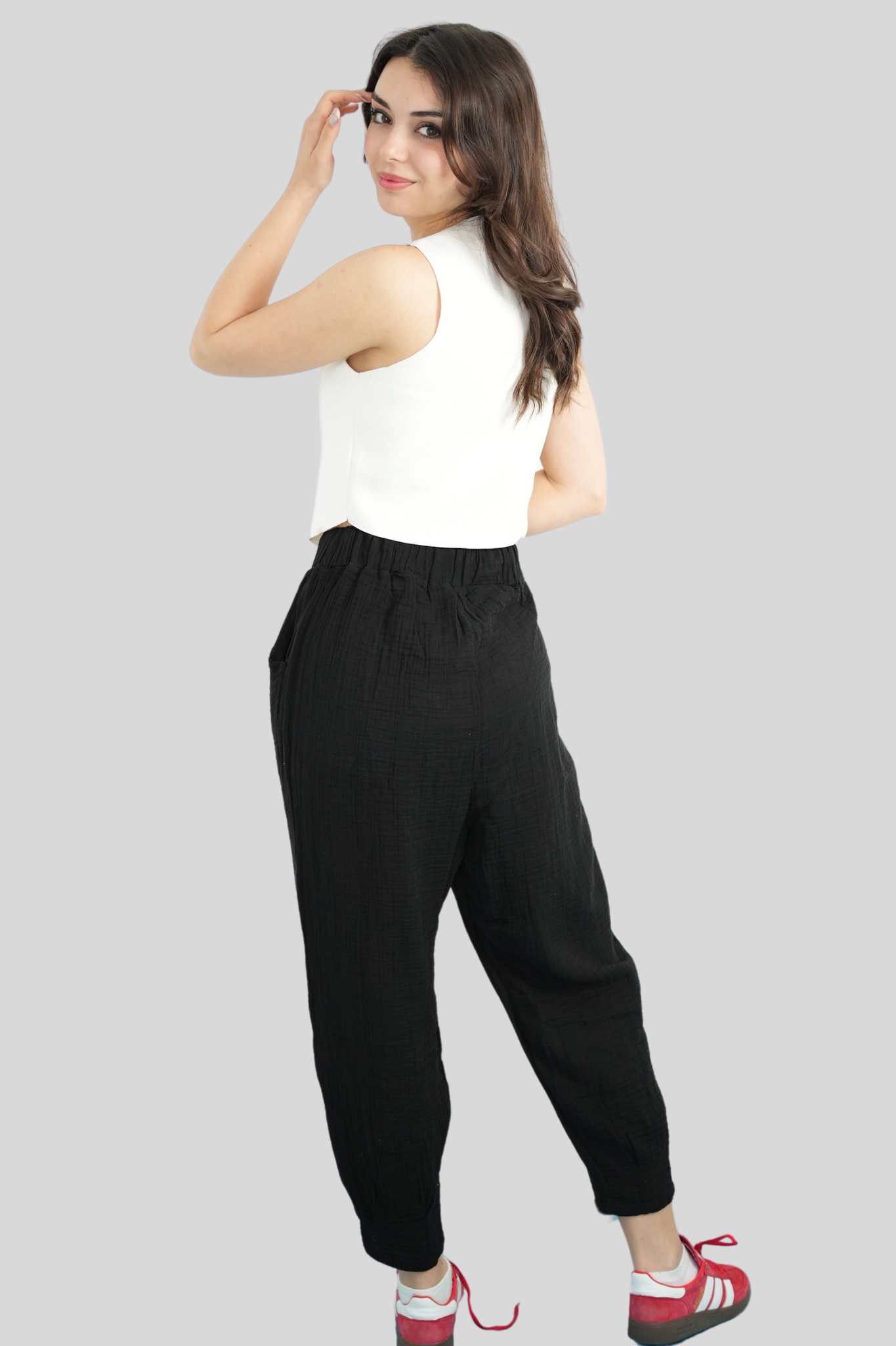 Siyah Beli Lastikli Müslin Pantolon