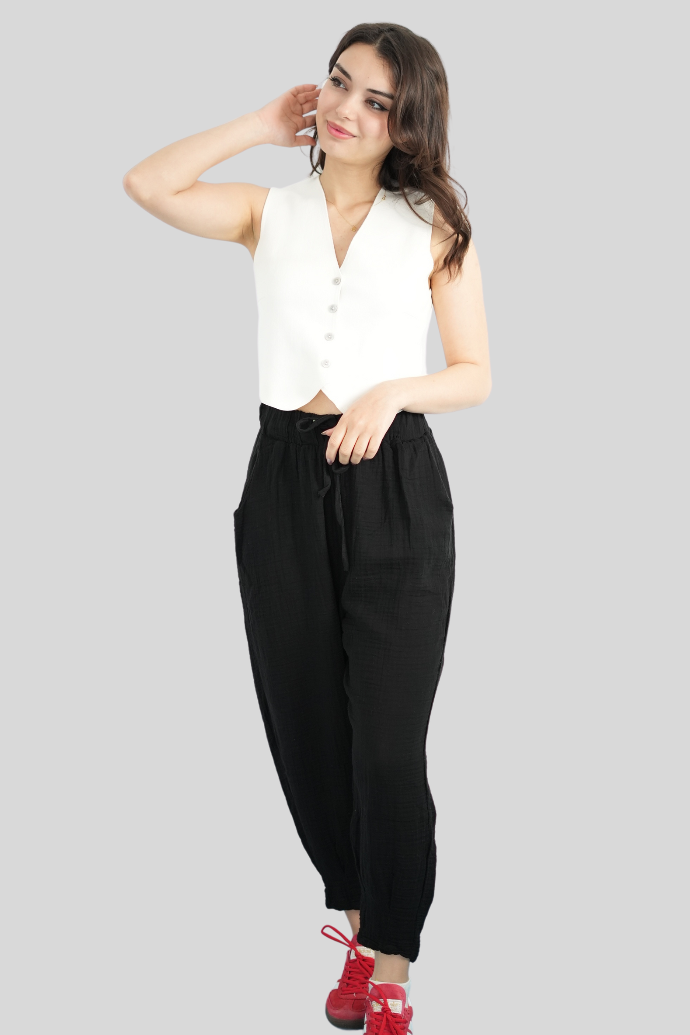 Siyah Beli Lastikli Müslin Pantolon