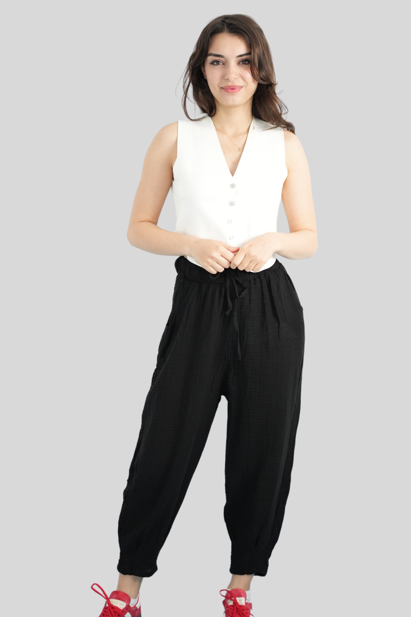 Siyah Beli Lastikli Müslin Pantolon