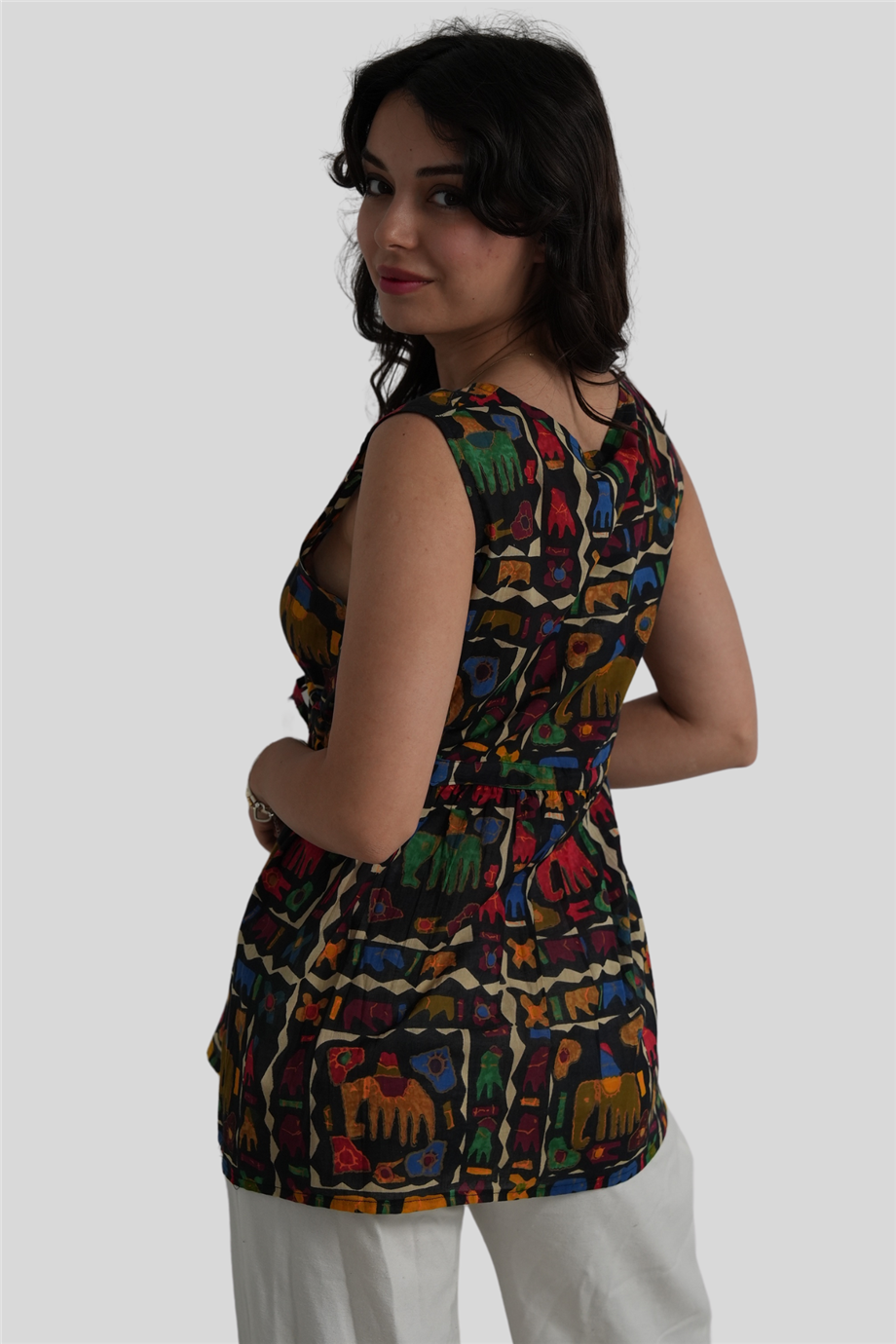 Siyah Fil Desenli Bohem Bluz