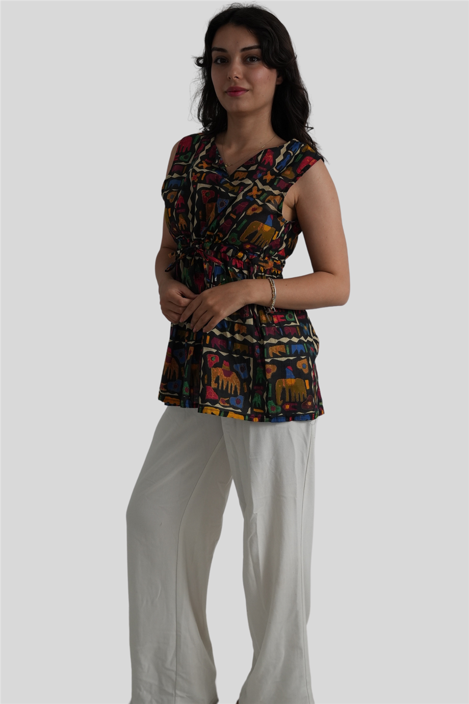 Siyah Fil Desenli Bohem Bluz