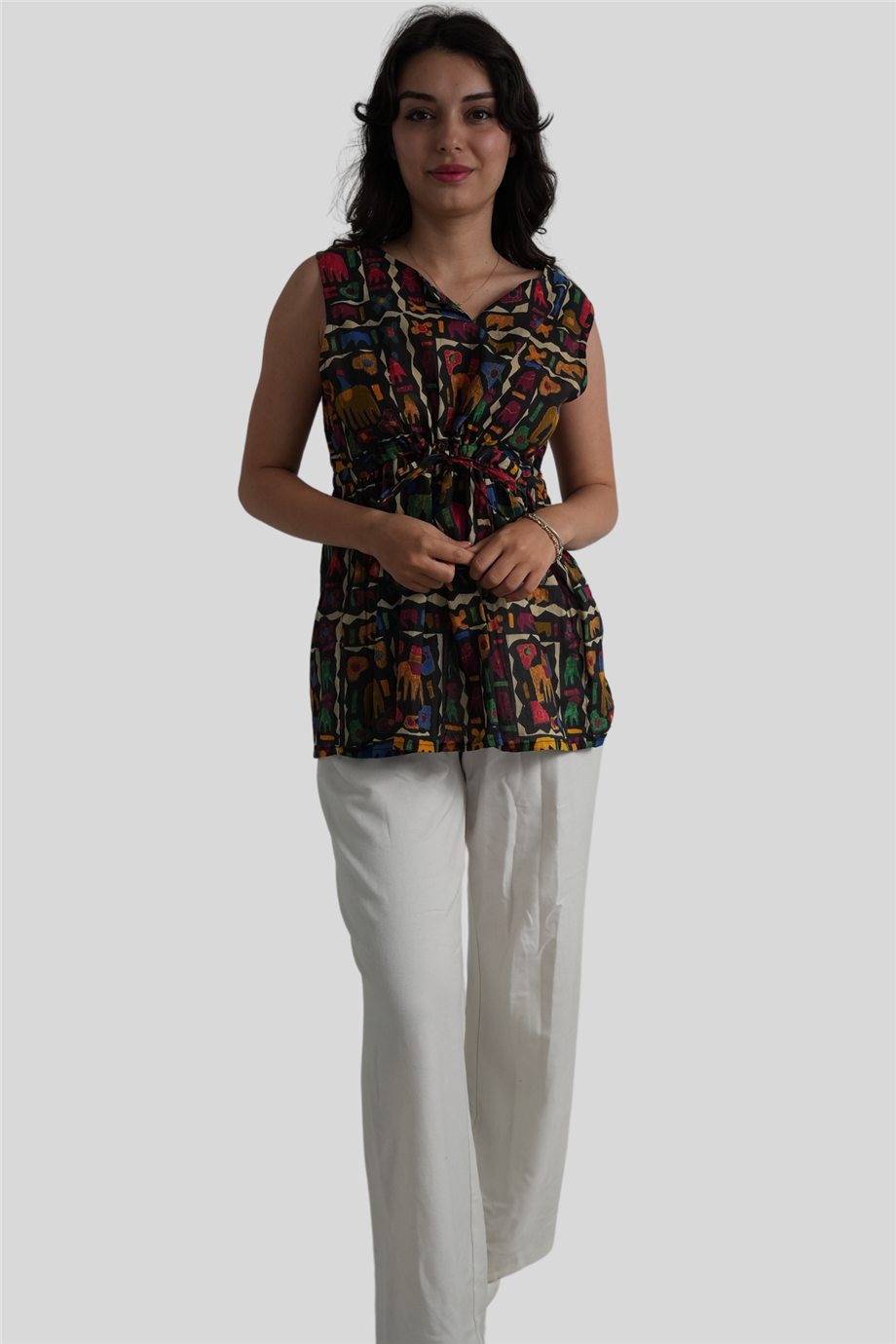 Siyah Fil Desenli Bohem Bluz