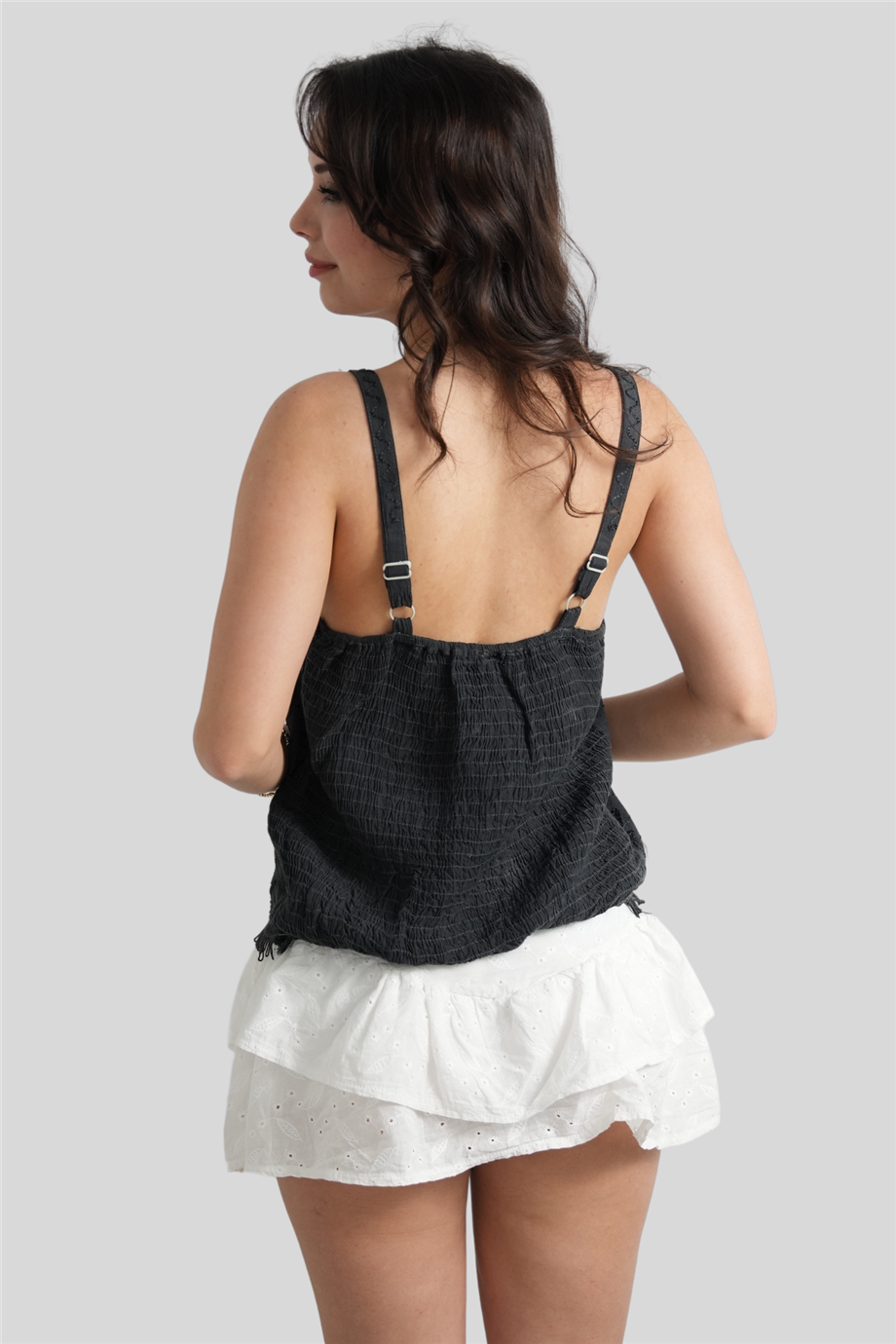 Siyah Hint Nakışlı Bohem Askılı Bluz