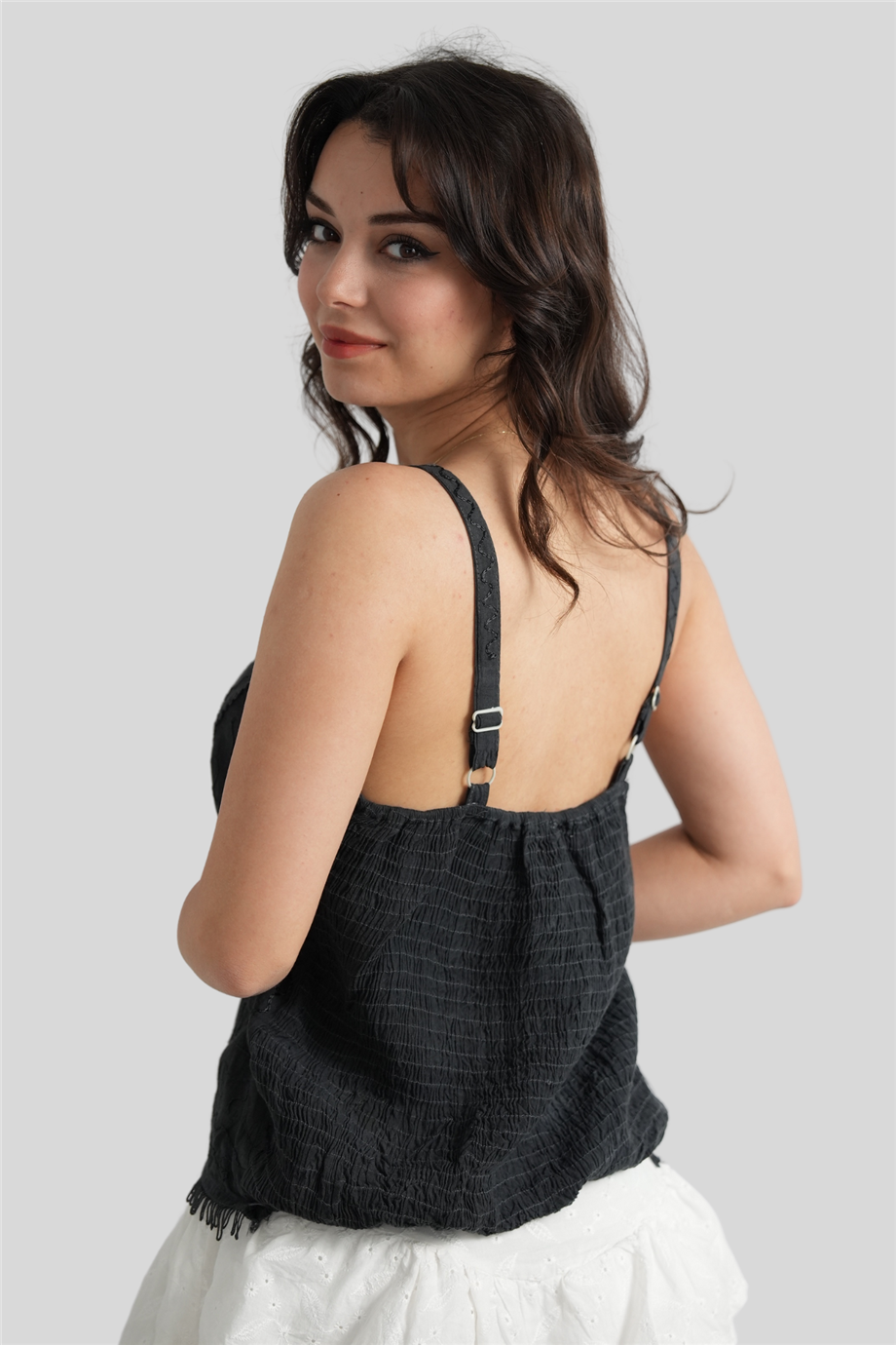 Siyah Hint Nakışlı Bohem Askılı Bluz