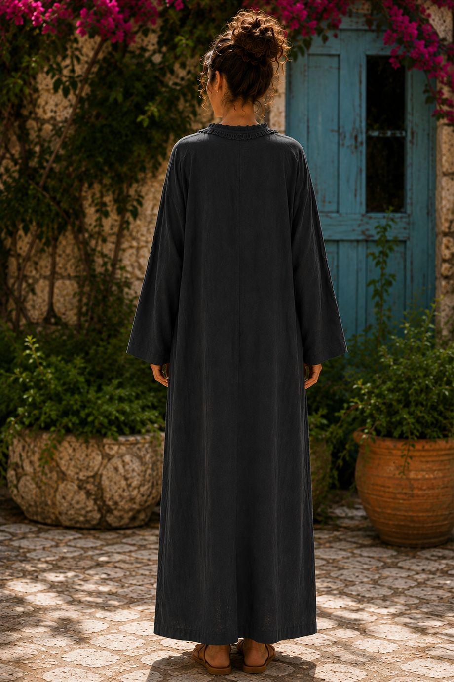 Siyah Renk Bohem Püsküllü ve Cep Detaylı Keten Kaftan