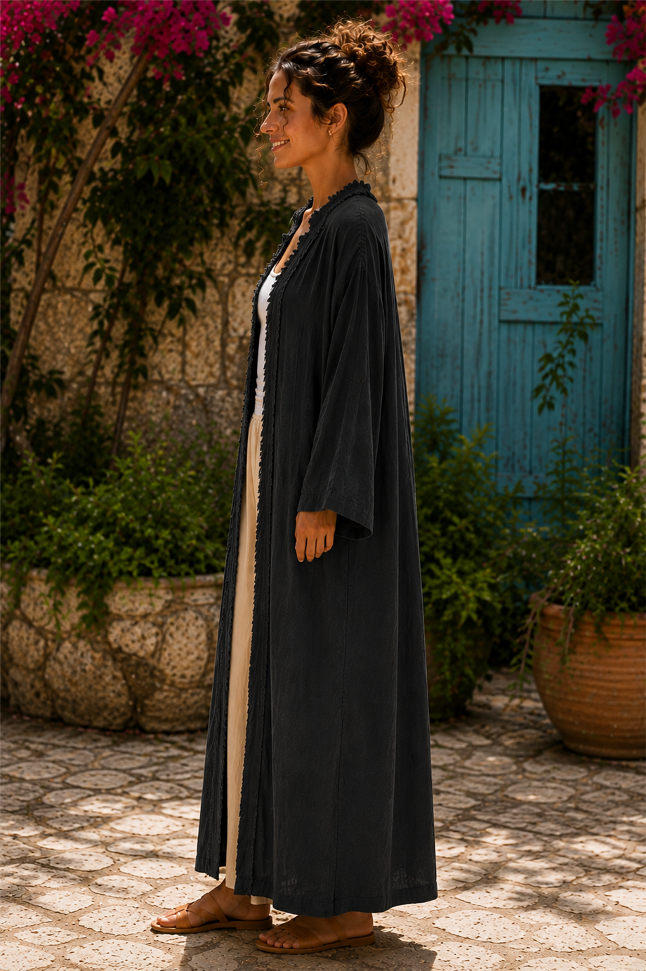 Siyah Renk Bohem Püsküllü ve Cep Detaylı Keten Kaftan