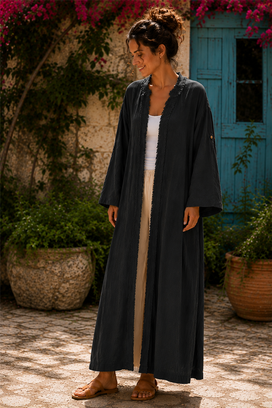 Siyah Renk Bohem Püsküllü ve Cep Detaylı Keten Kaftan