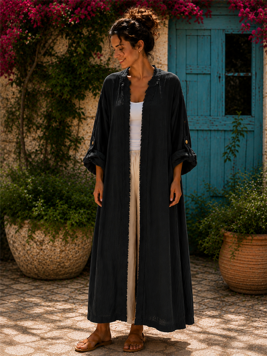 Siyah Renk Bohem Püsküllü ve Cep Detaylı Keten Kaftan