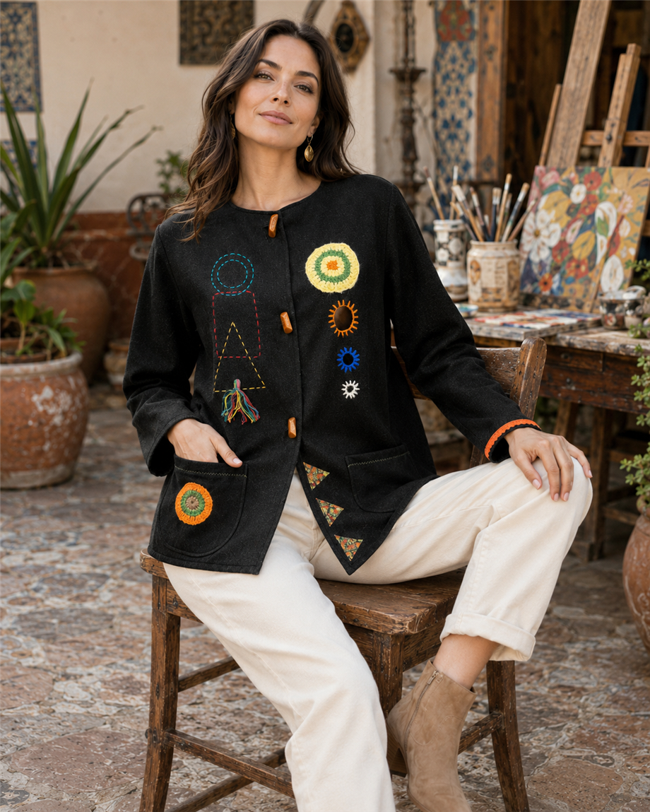 Siyah Renk Boho Art Özel Tasarım El Örgüsü Motifli Cep Detaylı Ceket