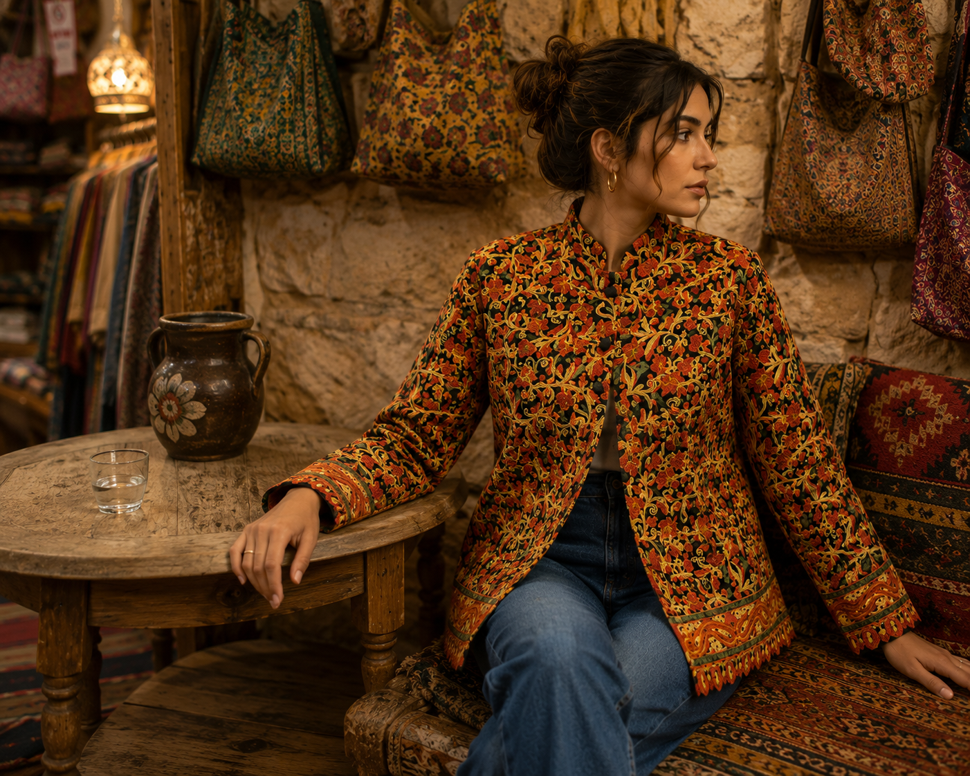 Siyah Renk Çiçek Nakışlı Cep Detaylı Bohem Ceket